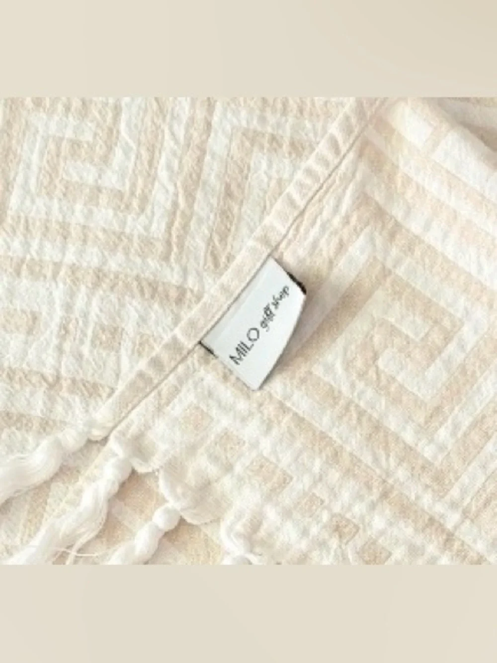Turkish Cotton Hand Towel Greek Key Beige White Fringe Neutral‎ Fast Drying